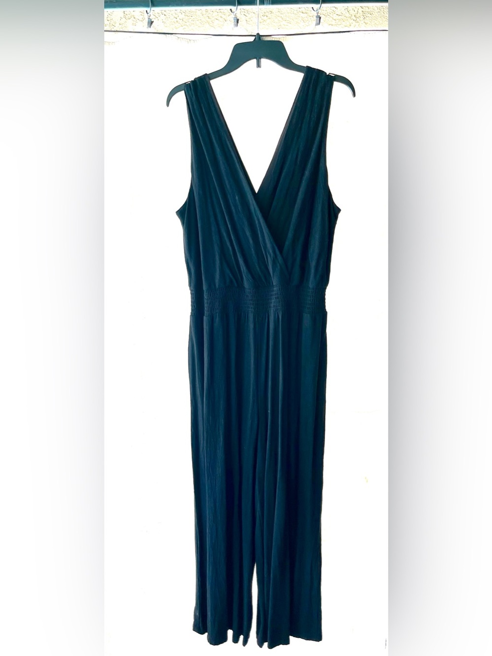 Nine West Black V-Neck Smocked Waist Wide Leg Jumpsuit Sleeveless XL
